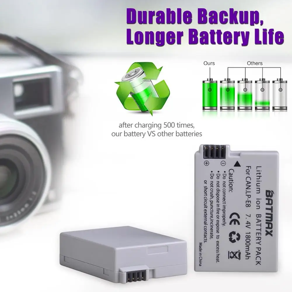 Batería Batmax LP-E8 + Nuevo Cargador LED Dual con Puerto Tipo C para Canon EOS 550D 600D 650D 700D Kiss X4 X5 X6i X7i - imagen 2