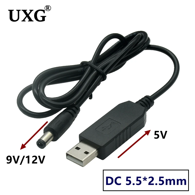 Cable adaptador USB a DC 5.5x2.5mm conectado a un powerbank