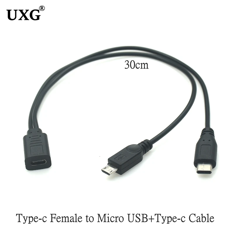 Vista frontal del cable tipo Y con conectores USB‑C y Micro‑USB hembra