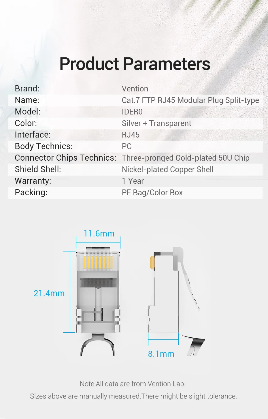 Especificaciones técnicas del conector Vention