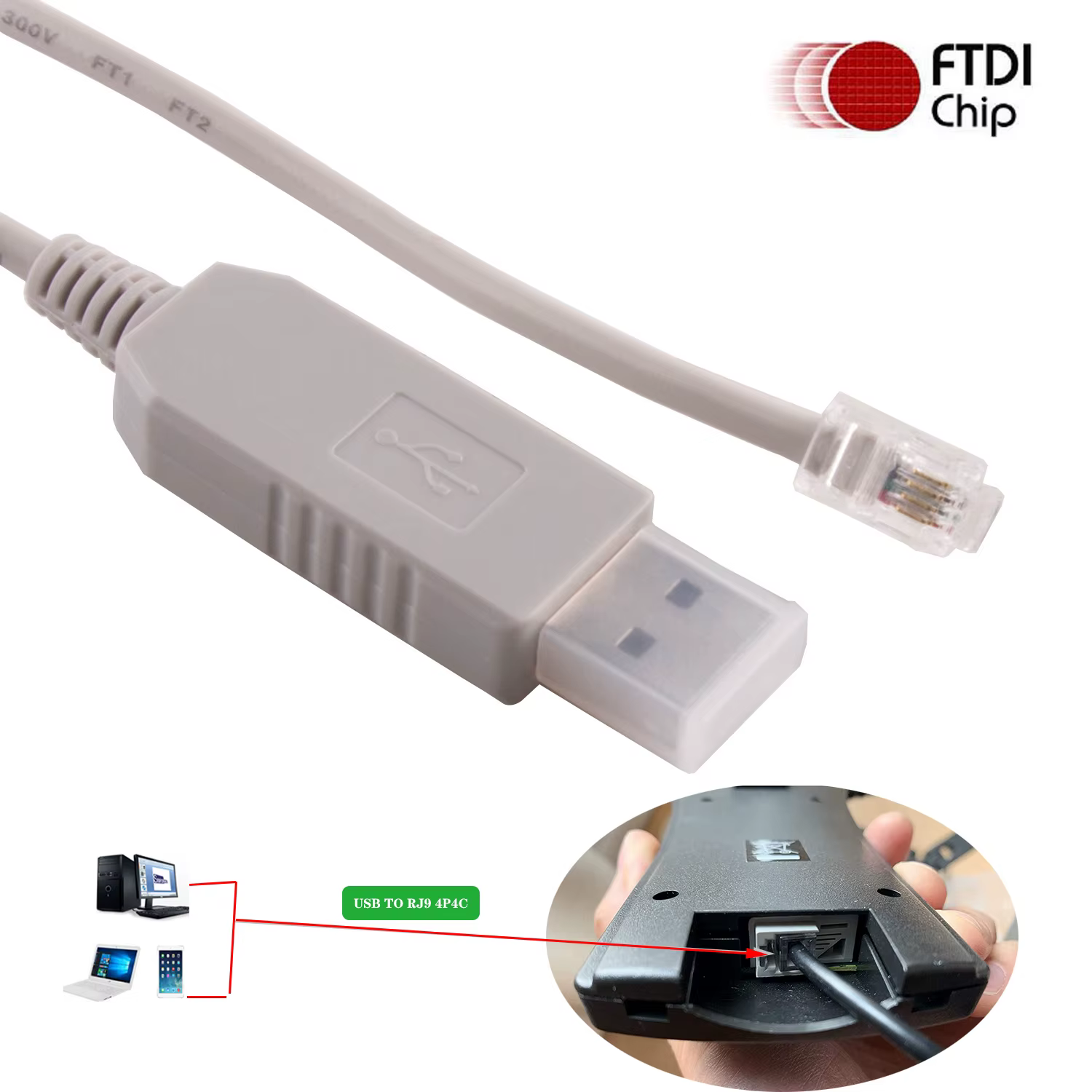 Esquema de conexión del cable FTDI a RJ9 y PC