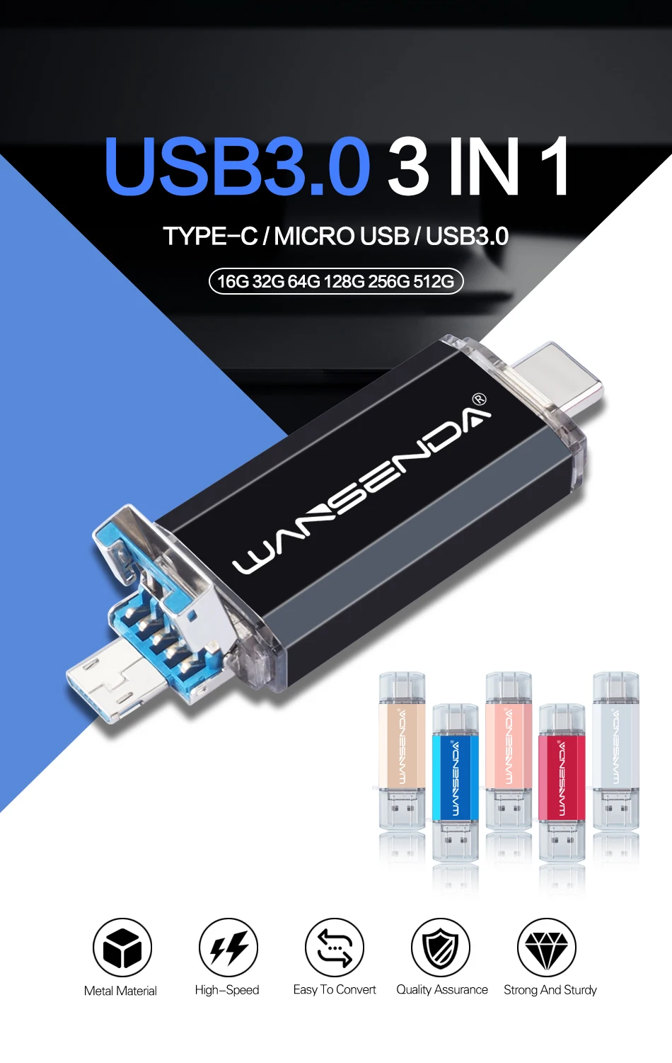 Vista frontal del pendrive WANSENDA mostrando los tres conectores