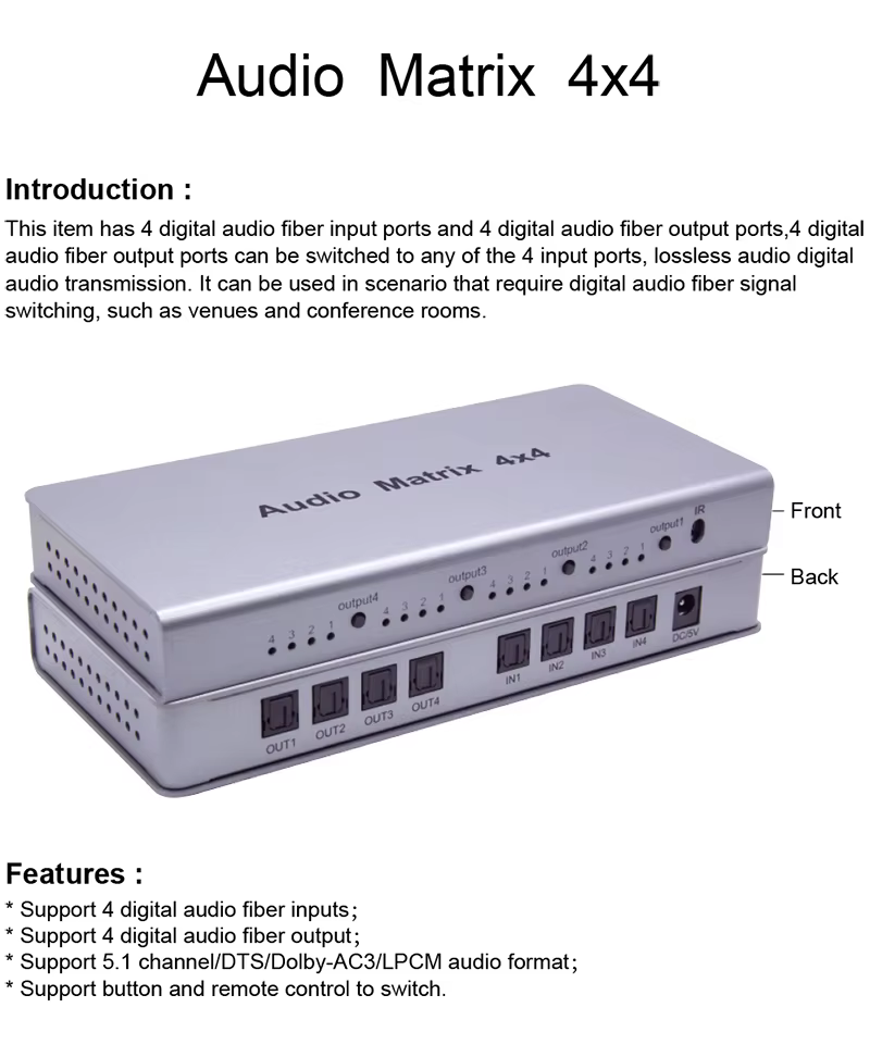 Matriz de audio óptico Toslink 4x4 para TV y amplificador