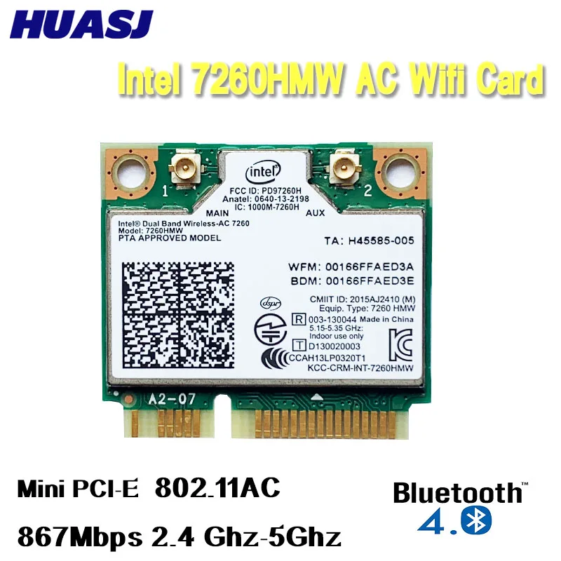 Tarjeta WiFi Intel 7260 vista frontal con conectores dorados