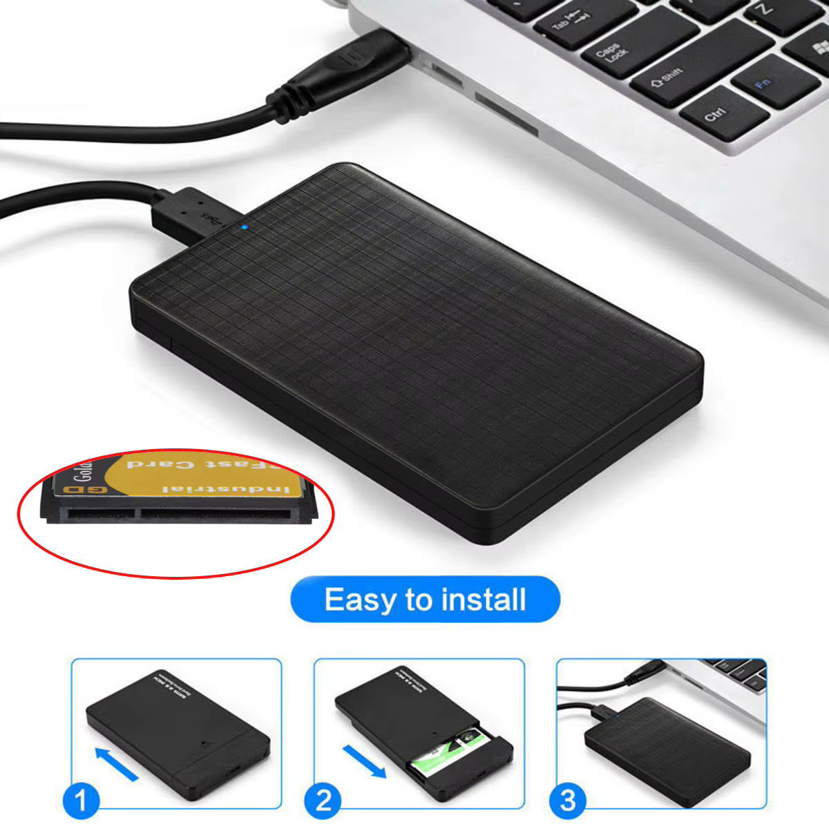 Vista lateral del adaptador mostrando conexiones SATA y USB3.0