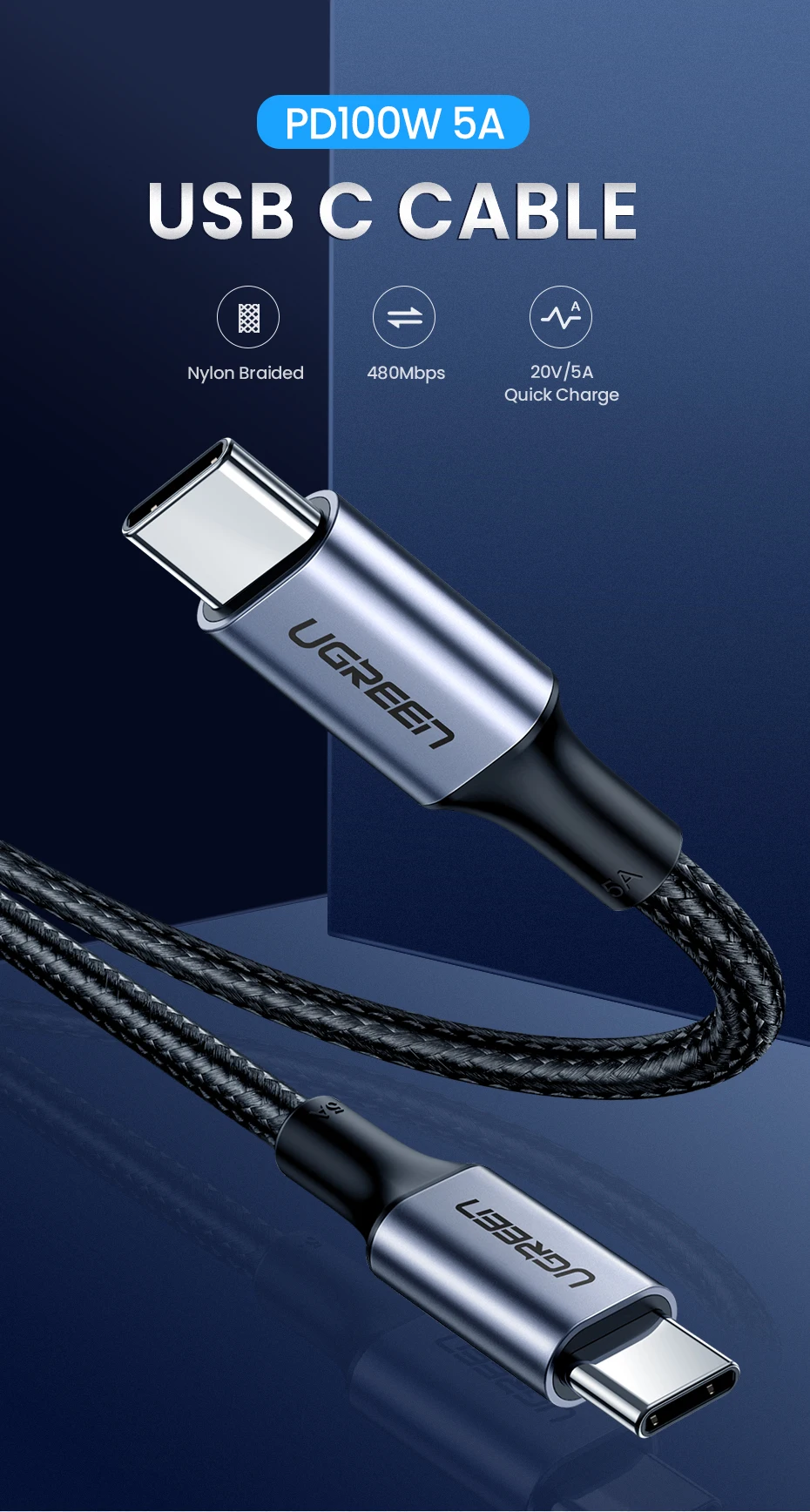 Cable UGREEN USB-C PD 100W conectado a un MacBook Pro