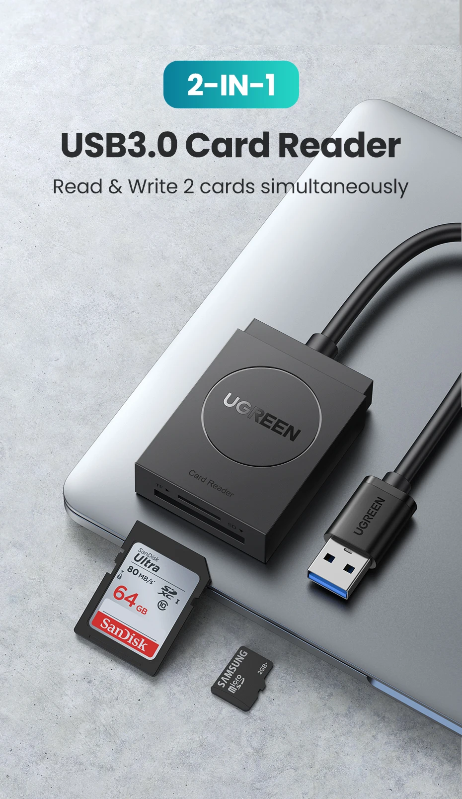 Lectura rápida de tarjetas SD y Micro SD con lector 2 en 1