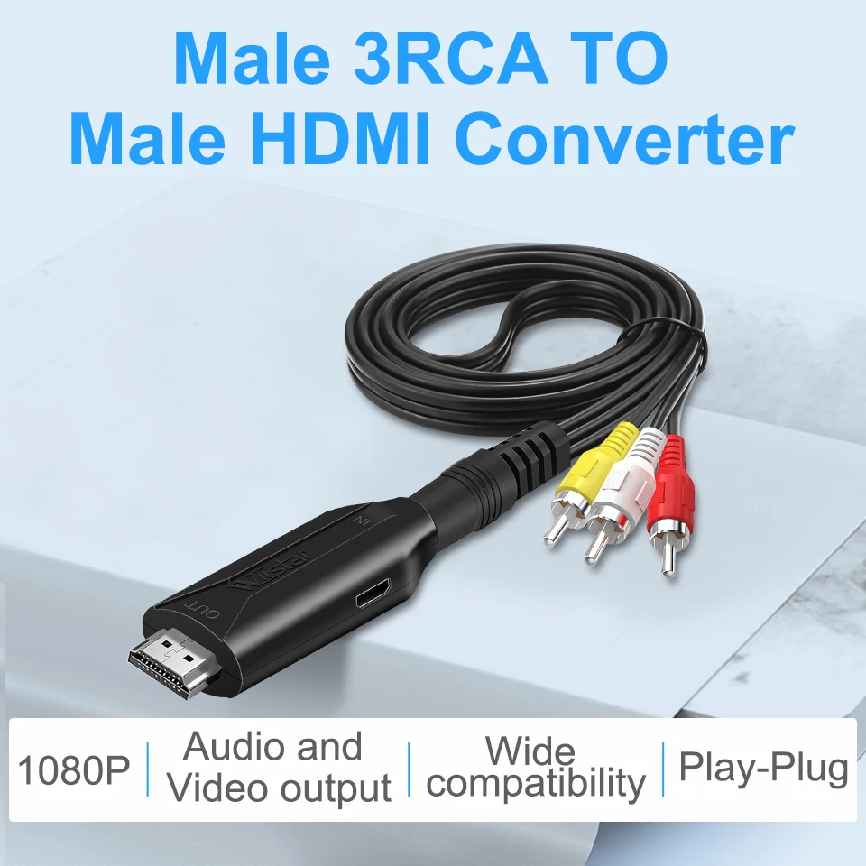 Conversor wiistar conectando dispositivo RCA a TV moderna con cable HDMI