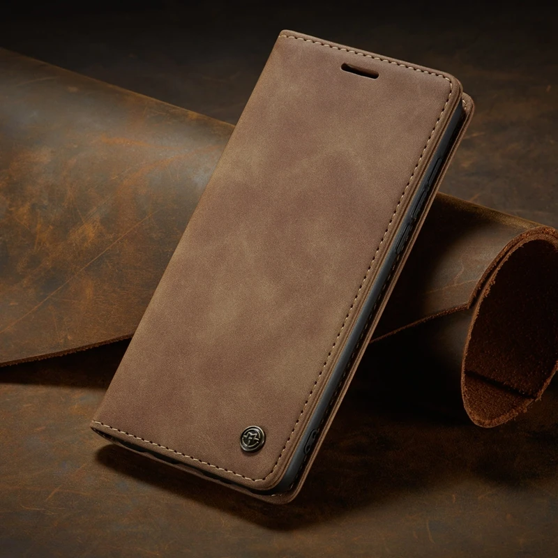 Vista frontal de la funda PU con textura retro