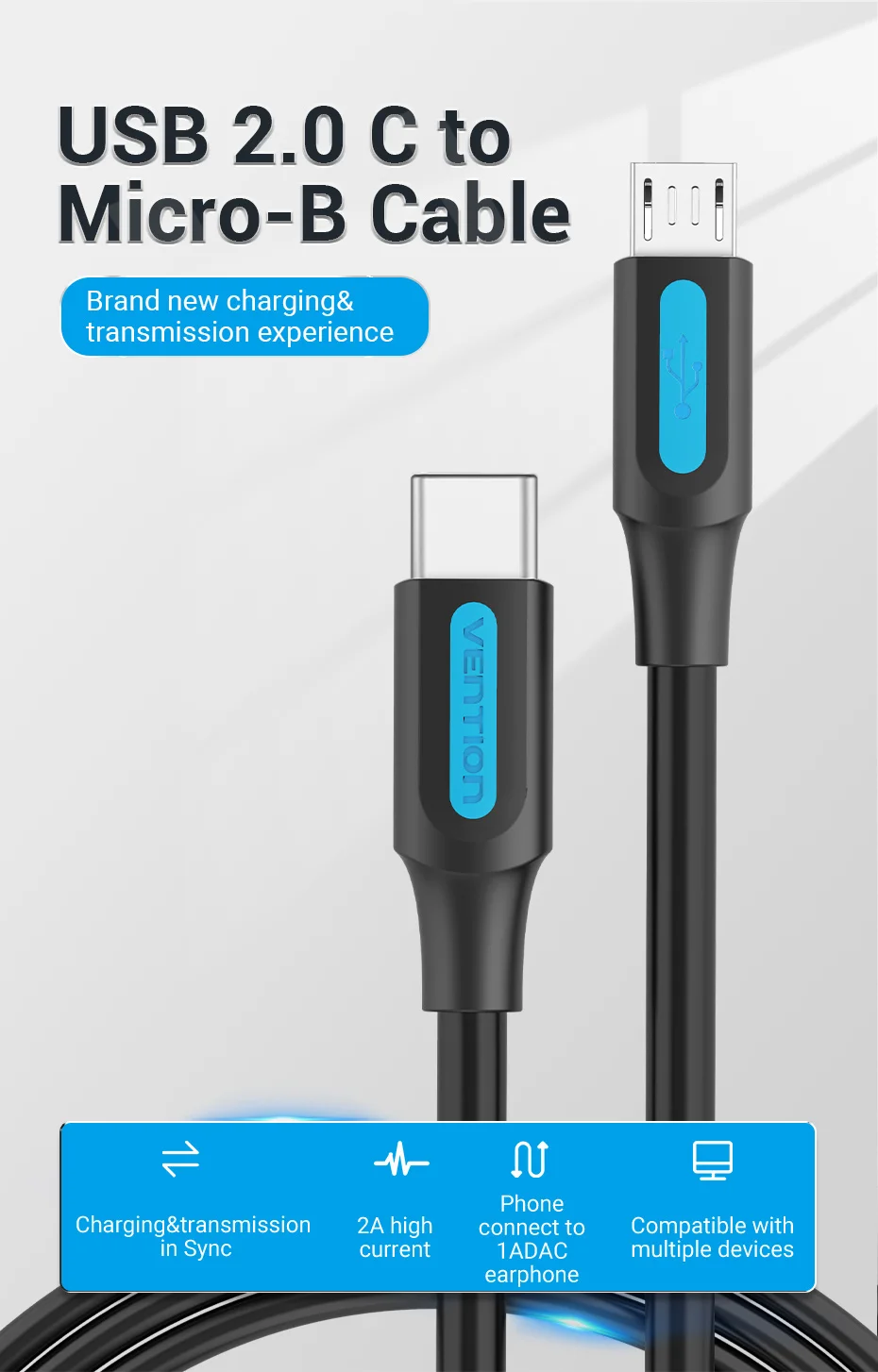 Cable Vention tipo C a Micro USB mostrando ambos conectores