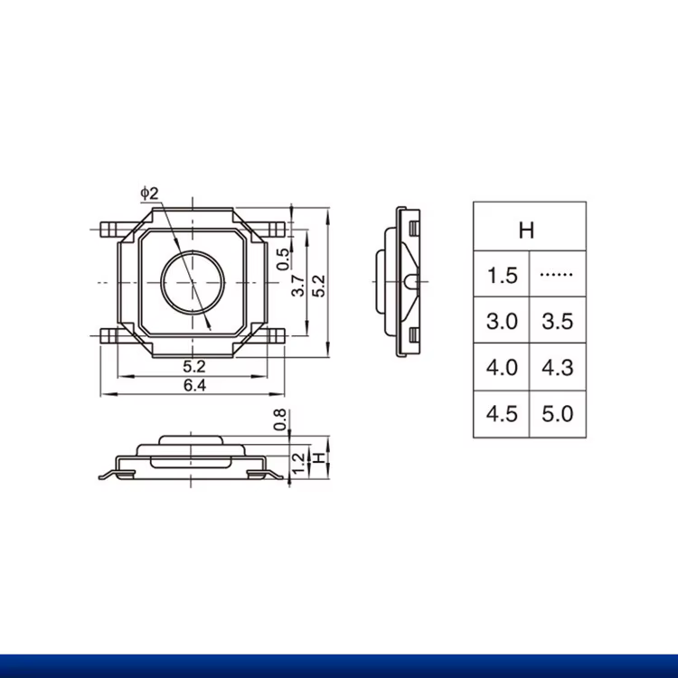 Vista frontal de los interruptores táctiles SMD PCB de 4x4mm con cabeza de cobre