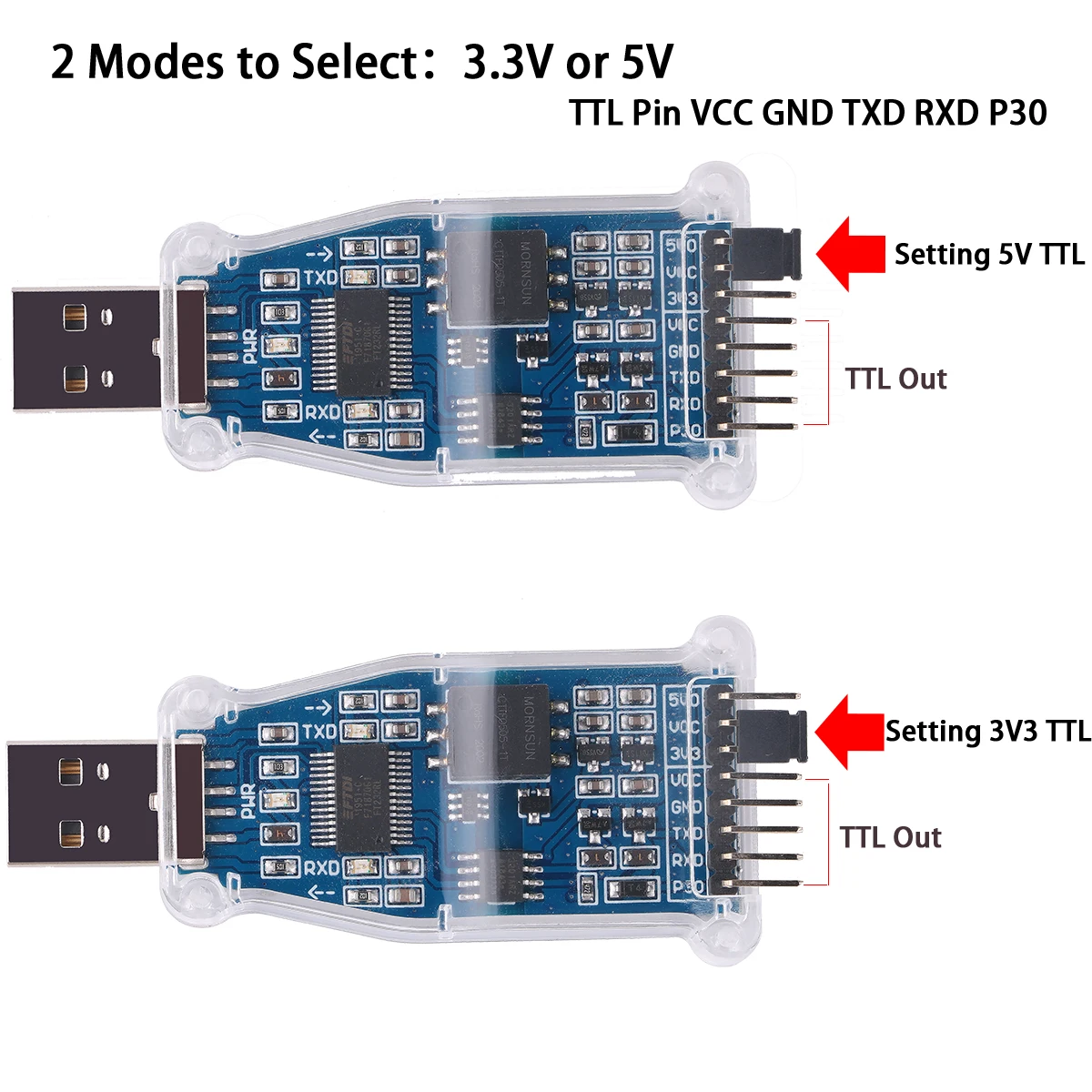 Adaptador FTDI USB a TTL visto desde arriba