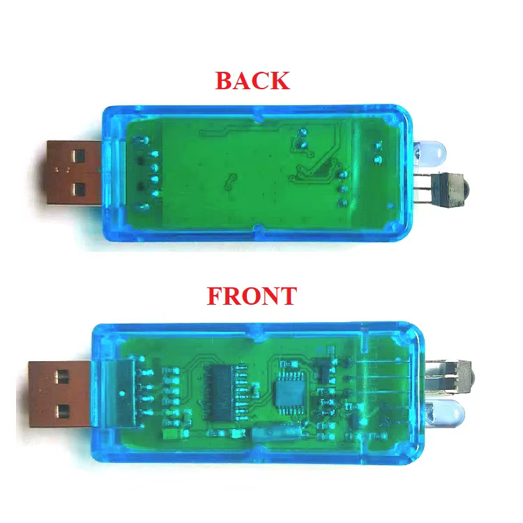 Adaptador USB a infrarrojo lejano vistas frontal y lateral