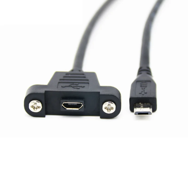 Cable extensión Micro USB visto desde ángulo recto con conectores macho y hembra
