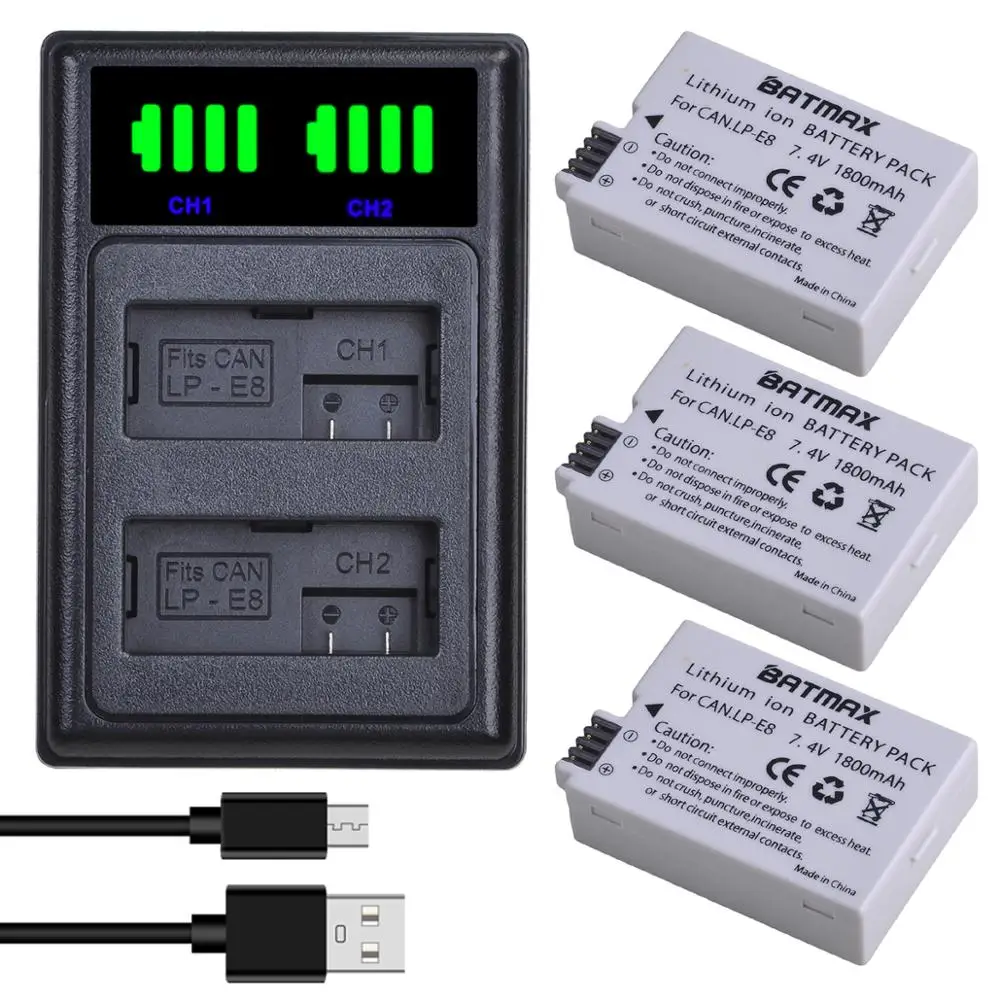 Batería Batmax LP-E8 + Nuevo Cargador LED Dual con Puerto Tipo C para Canon EOS 550D 600D 650D 700D Kiss X4 X5 X6i X7i - imagen 5