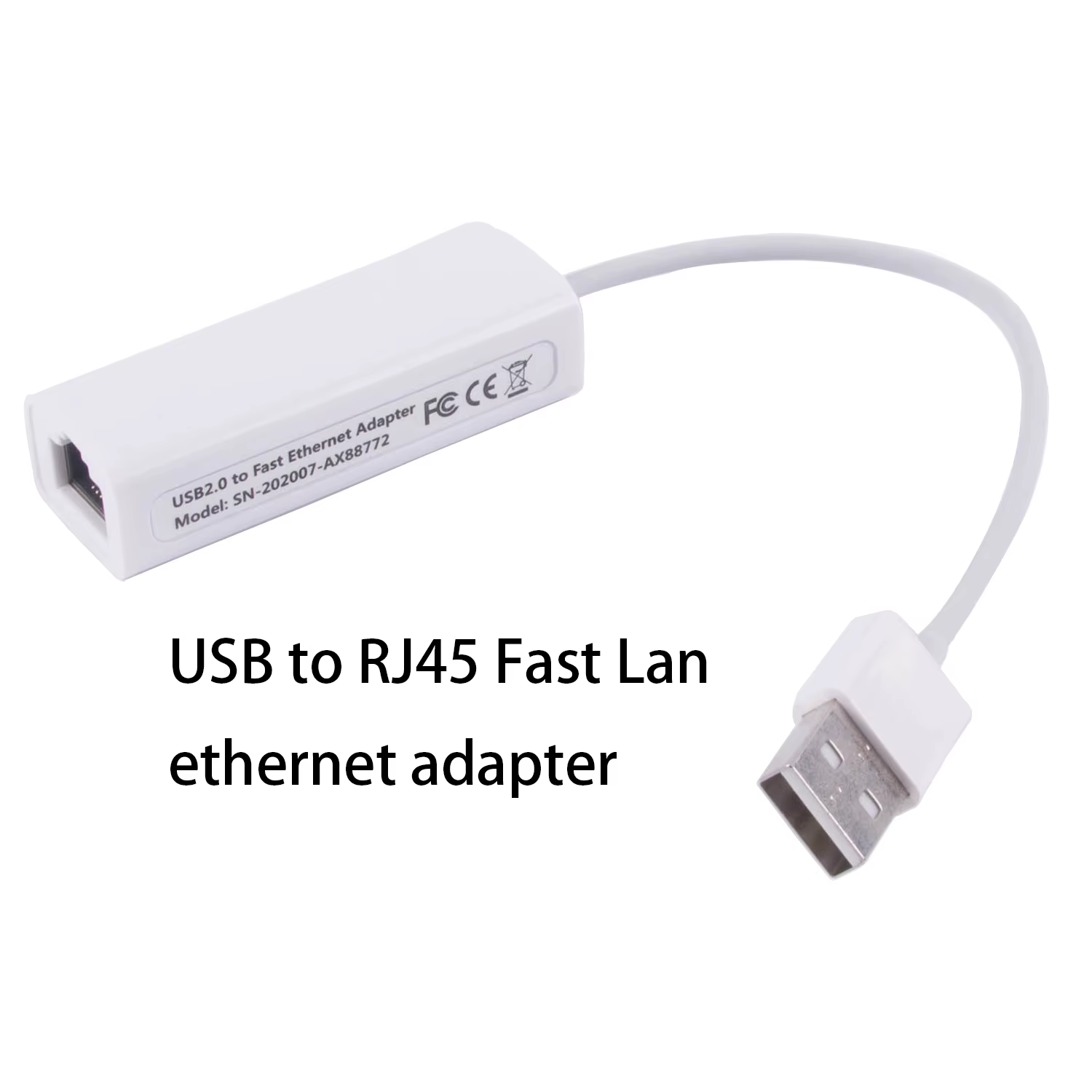 Adaptador USB a RJ45 visto de frente con cable blanco