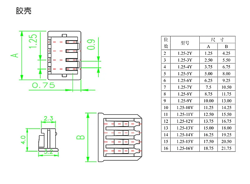 Vista frontal del conector MICRO JST 1,25 mm