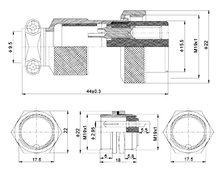 Conector GX20 macho-hembra visto desde ángulo lateral