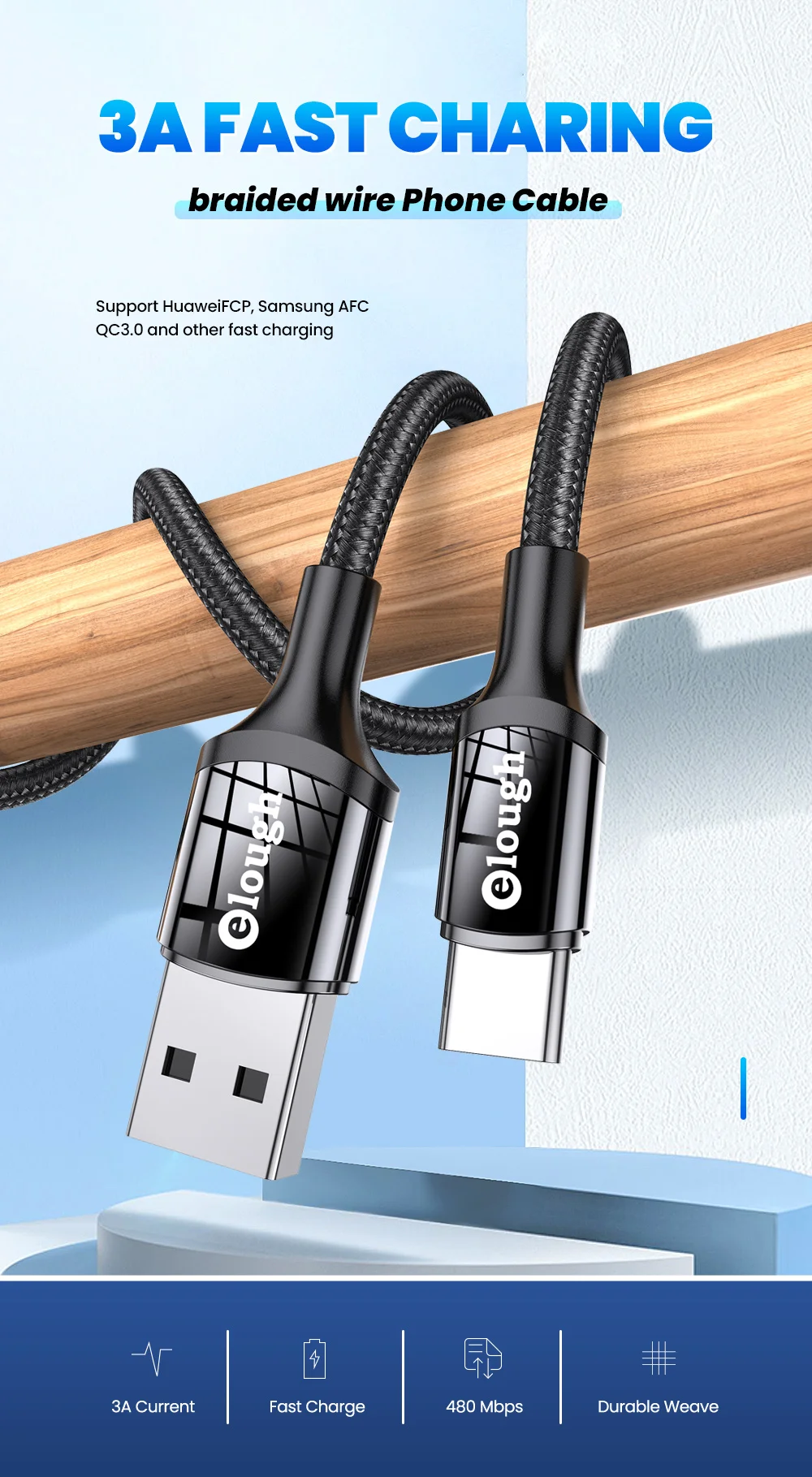 Cable Elough USB tipo C de 3m en uso cotidiano