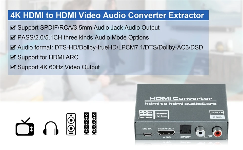 Extractor de audio HDMI 4K 60Hz con conexiones RCA y óptica