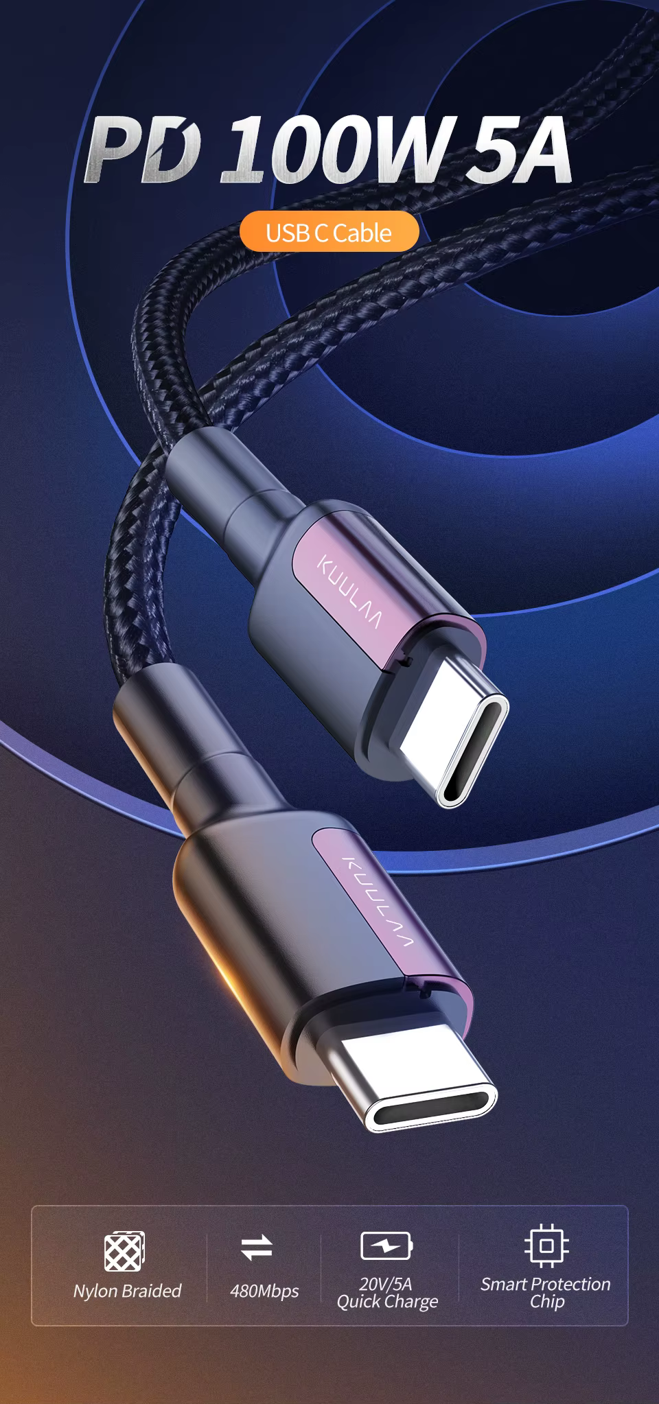 Cable trenzado de nylon con conectores USB‑C