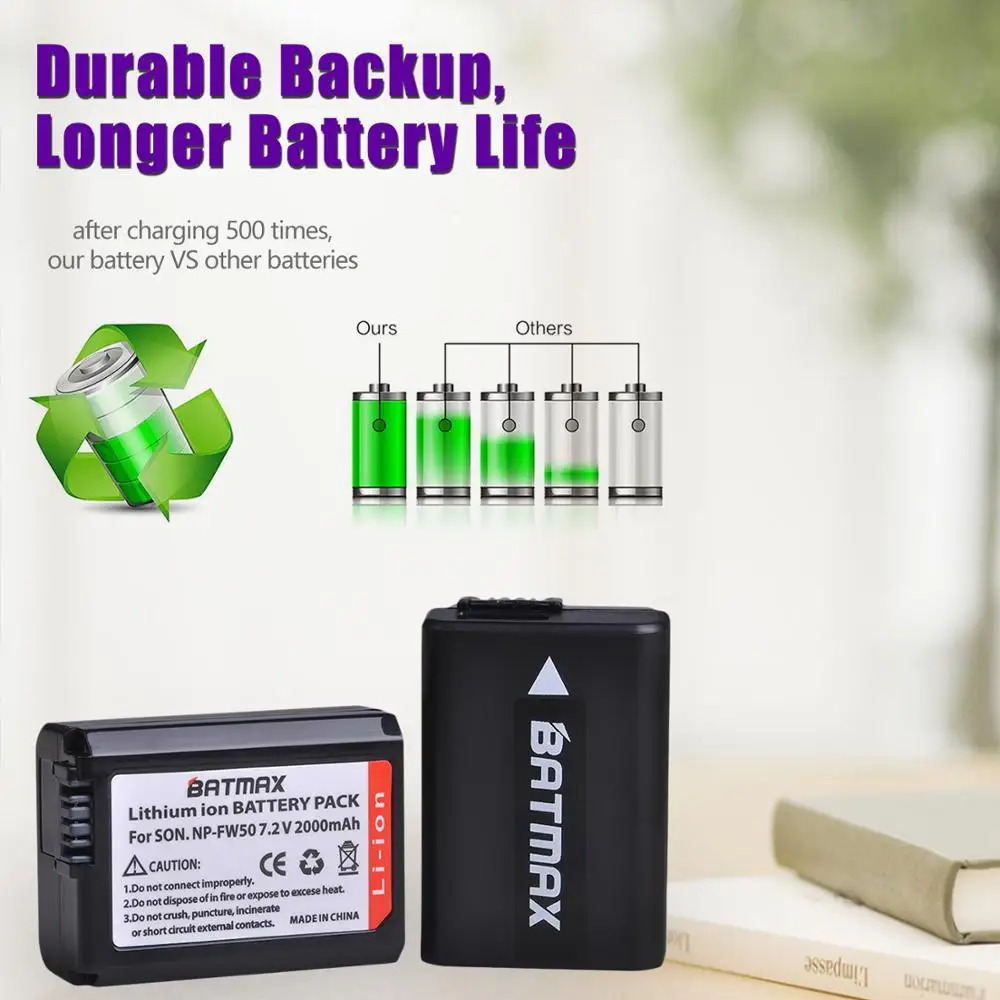 Batmax 2000mAh NP-FW50 batería + cargador Dual LED para Sony ZV-E10L a37 A7 A7II A7RII A7SII A7S A7S2 a6000 a6400 a6500 NEX-7 RX10 - imagen 4