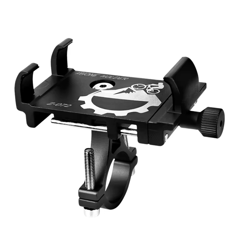 Soporte de teléfono de aluminio en negro montado en manillar de bicicleta