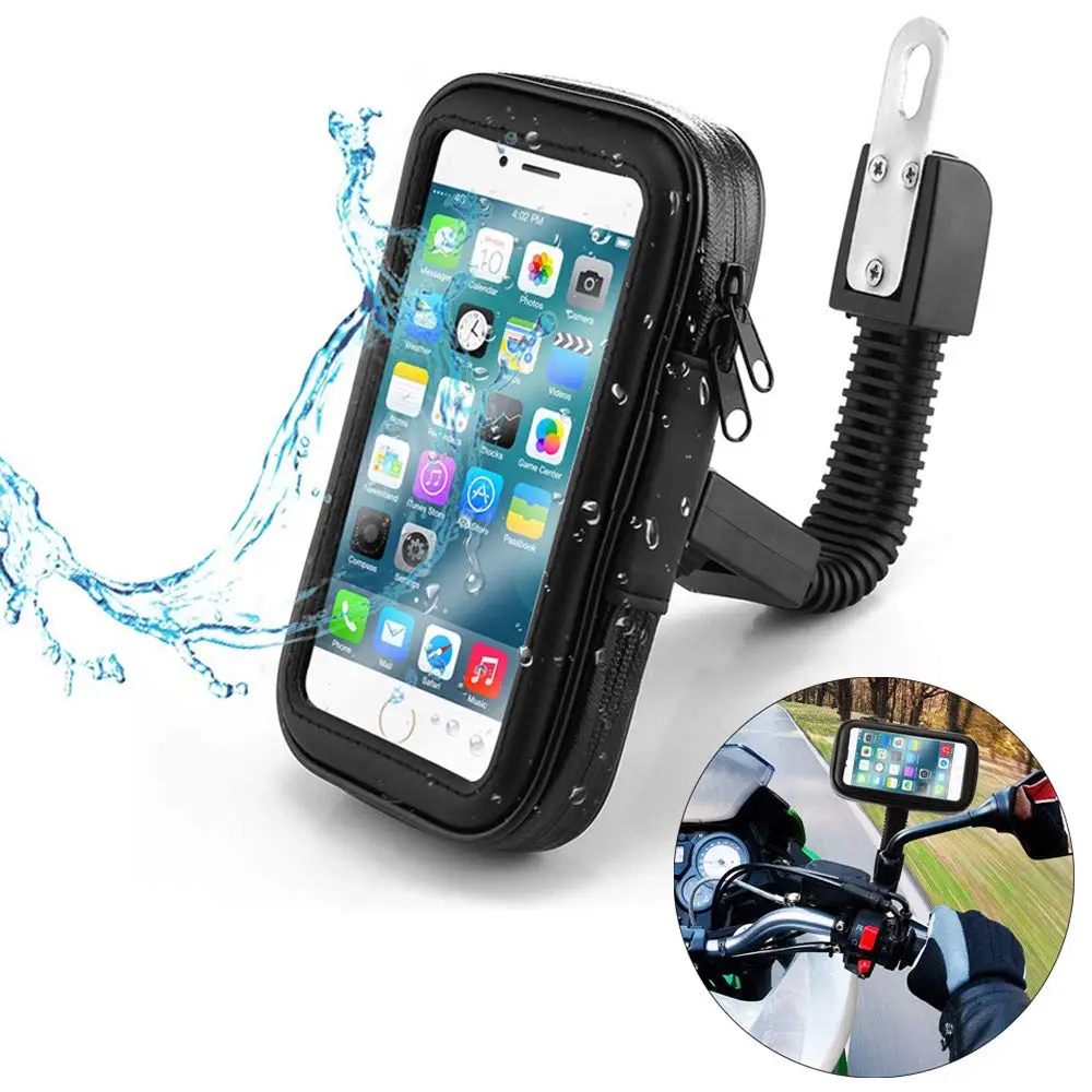 Soporte montado en manillar de motocicleta mostrando la funda impermeable