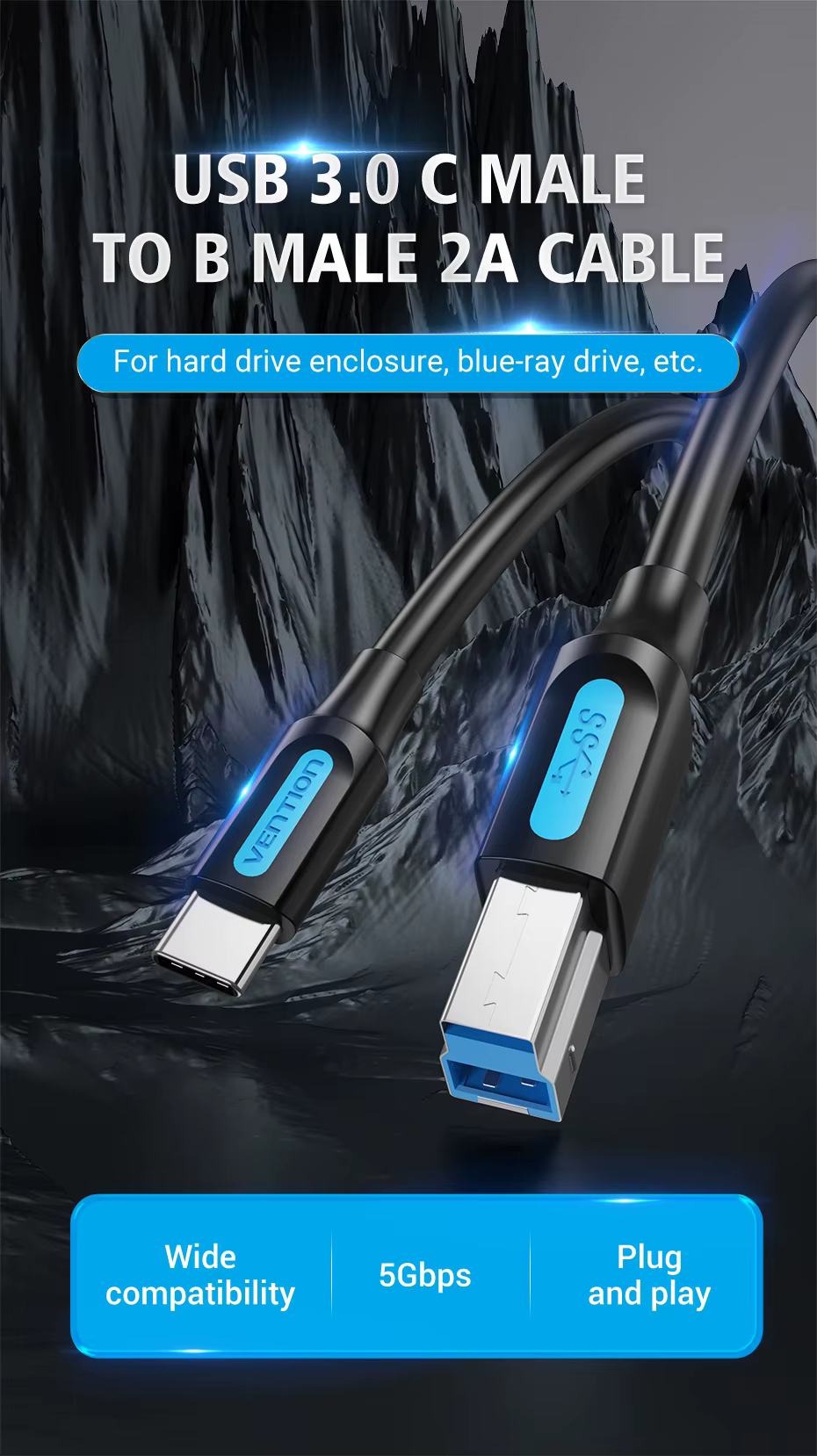 Cable Vention USB C a B conectado a un disco duro externo