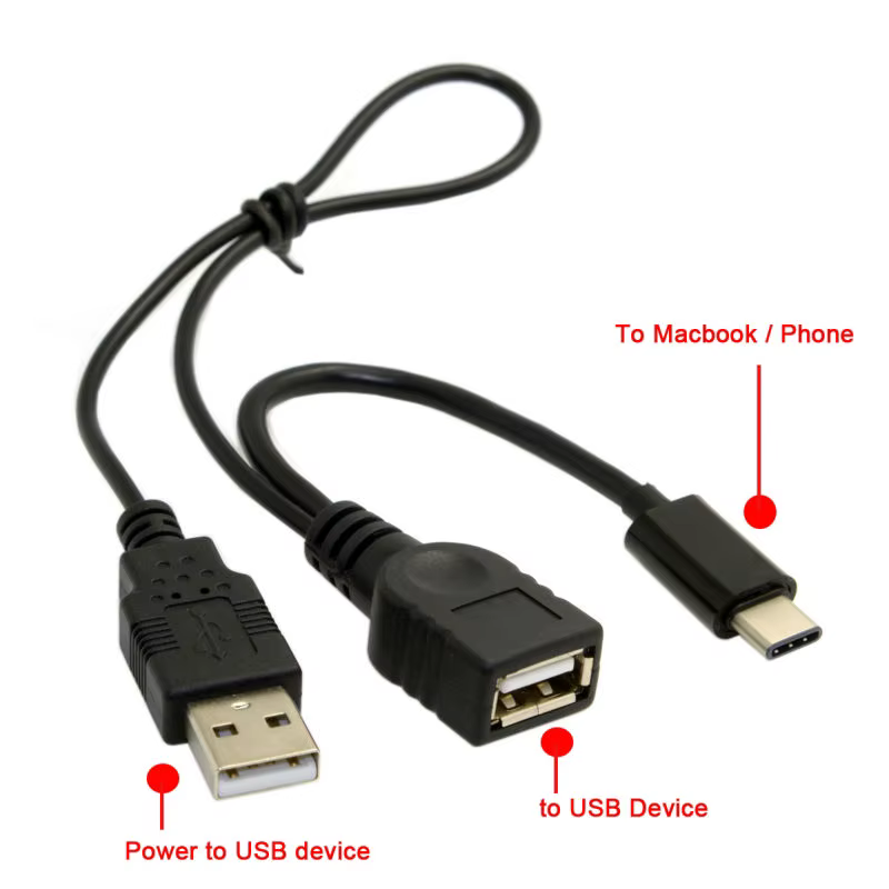 Cable USB‑C a USB 2.0 OTG con conector de alimentación