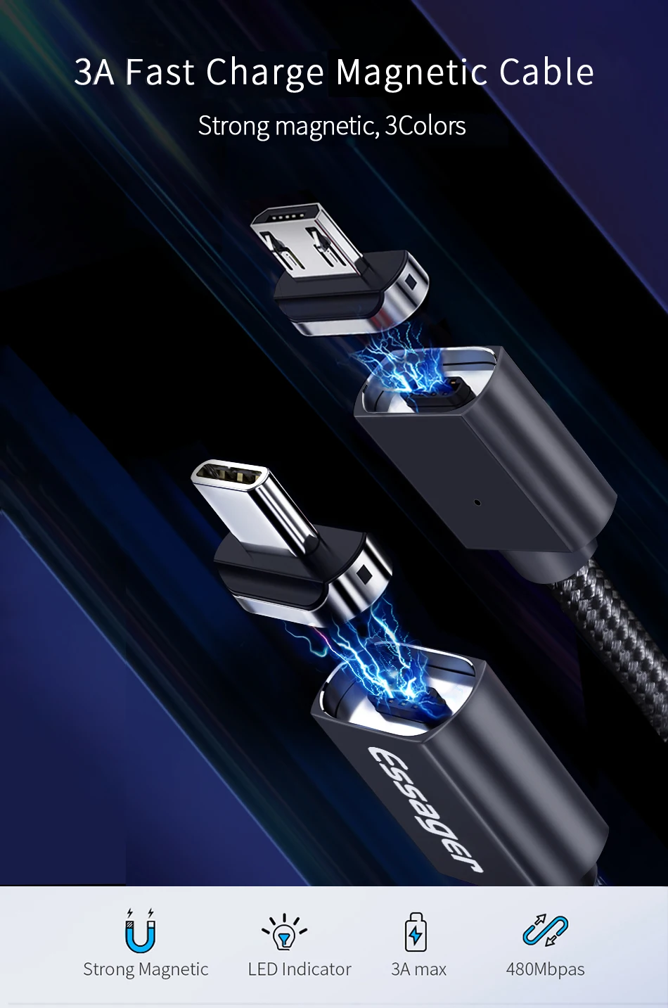 Cable magnético tipo C Essager 3A en detalle