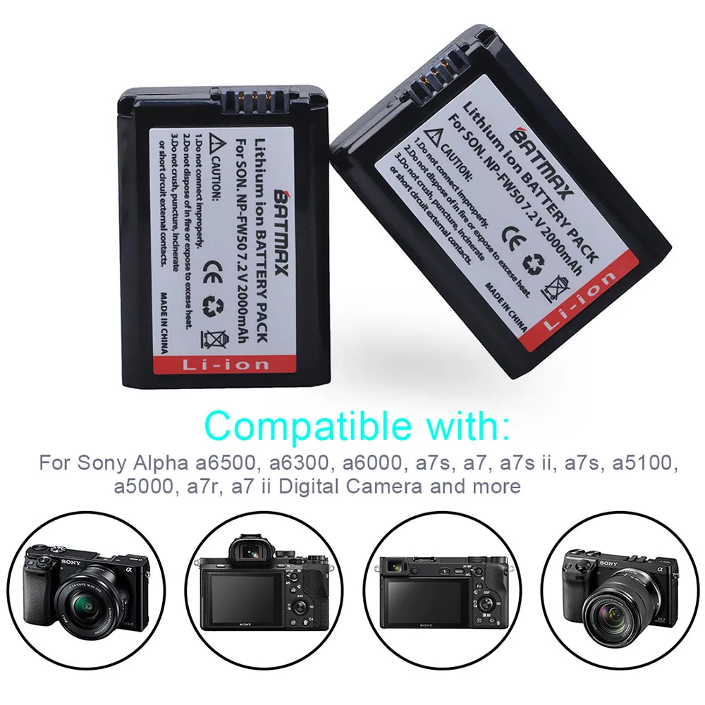 Batmax 2000mAh NP-FW50 batería + cargador Dual LED para Sony ZV-E10L a37 A7 A7II A7RII A7SII A7S A7S2 a6000 a6400 a6500 NEX-7 RX10 - imagen 2