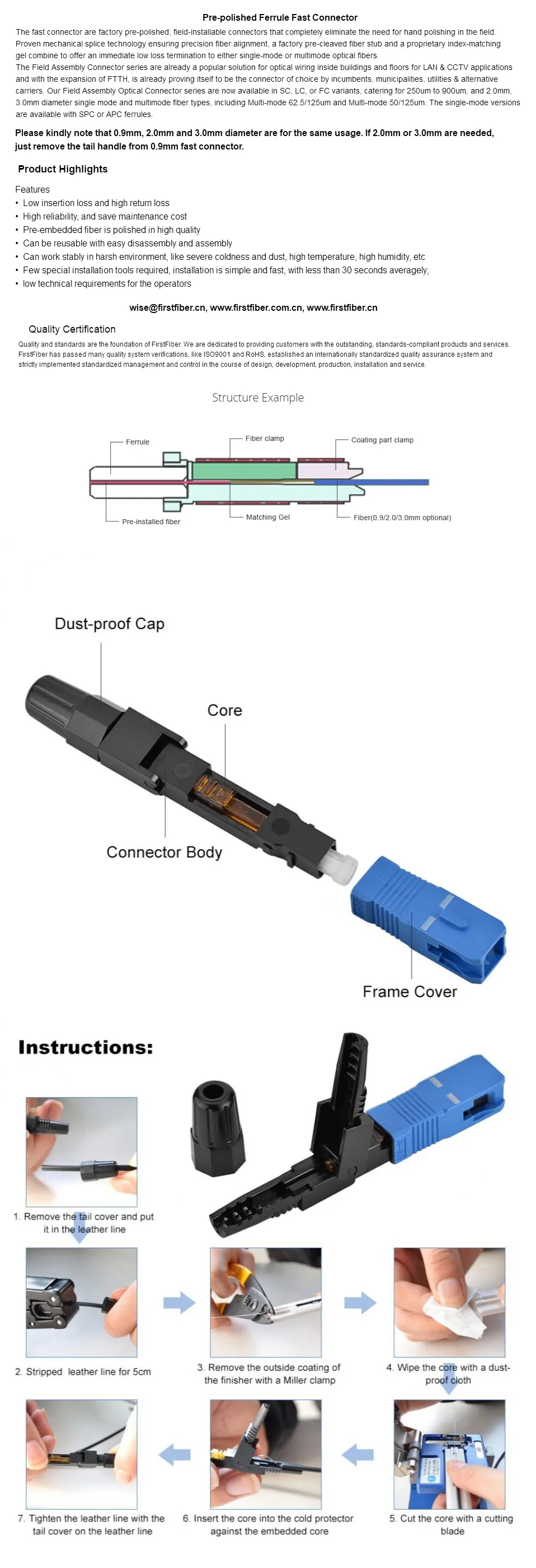 Conector rápido SC UPC para fibra óptica FTTH