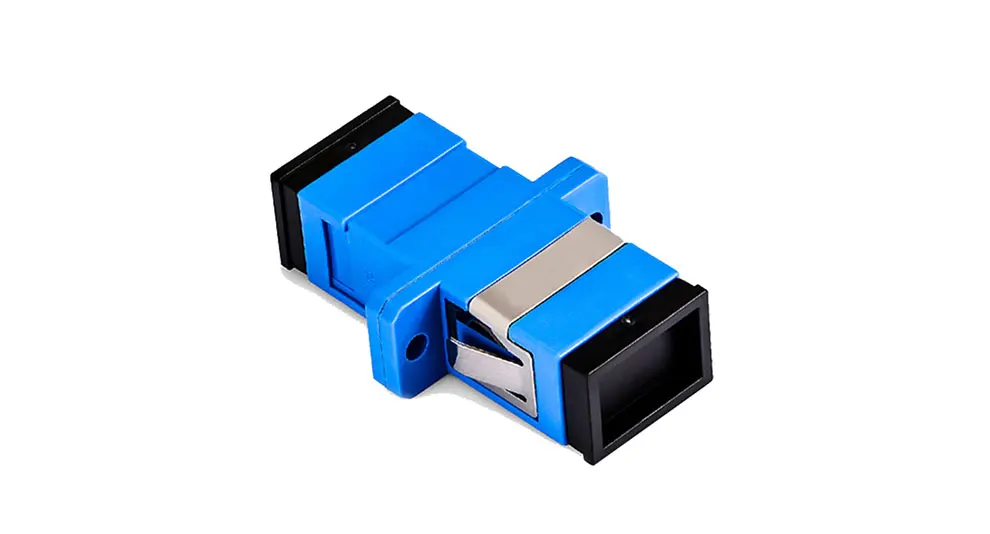 Vista frontal del adaptador SC/UPC azul y SC APC verde