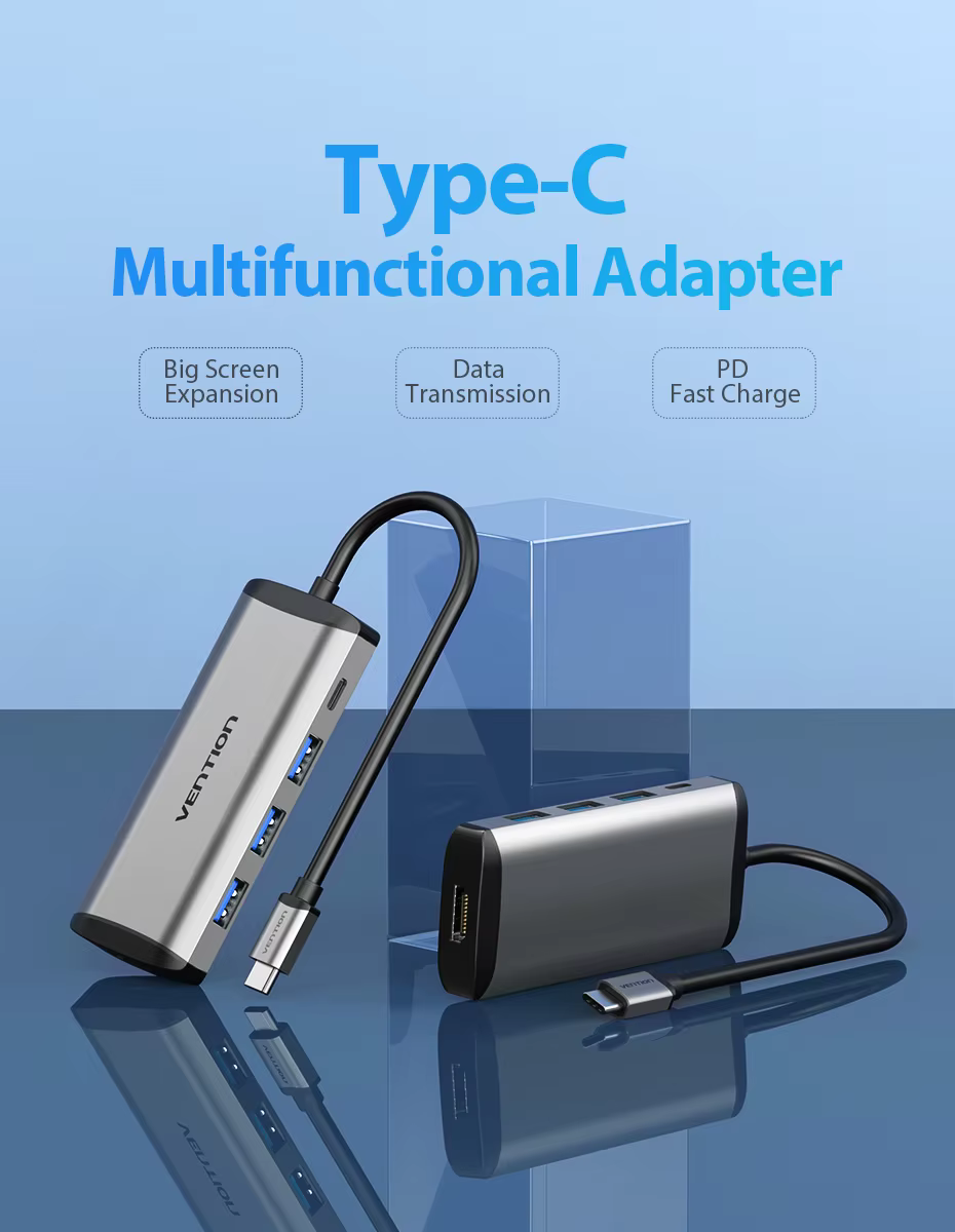 Adaptador Vention visto de frente con todos los puertos