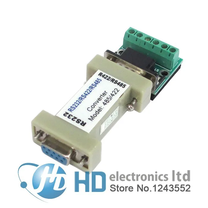 Diagrama de conexiones del convertidor RS232 a RS485/RS422 mostrando conexiones DB9 y terminales