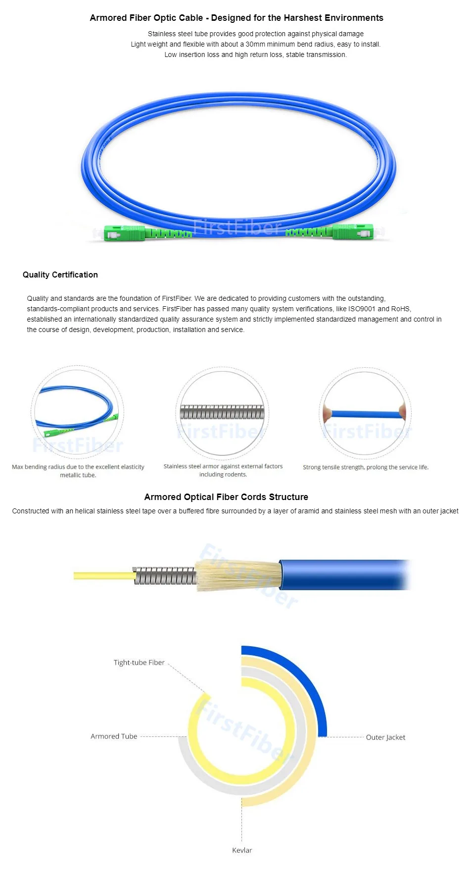 Cable de parche blindado SC APC a SC UPC de 1 m con fibra azul y conectores SC