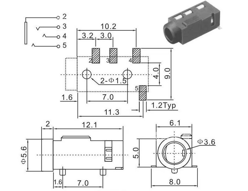 Conector PJ-320D vista frontal con detalle de pines
