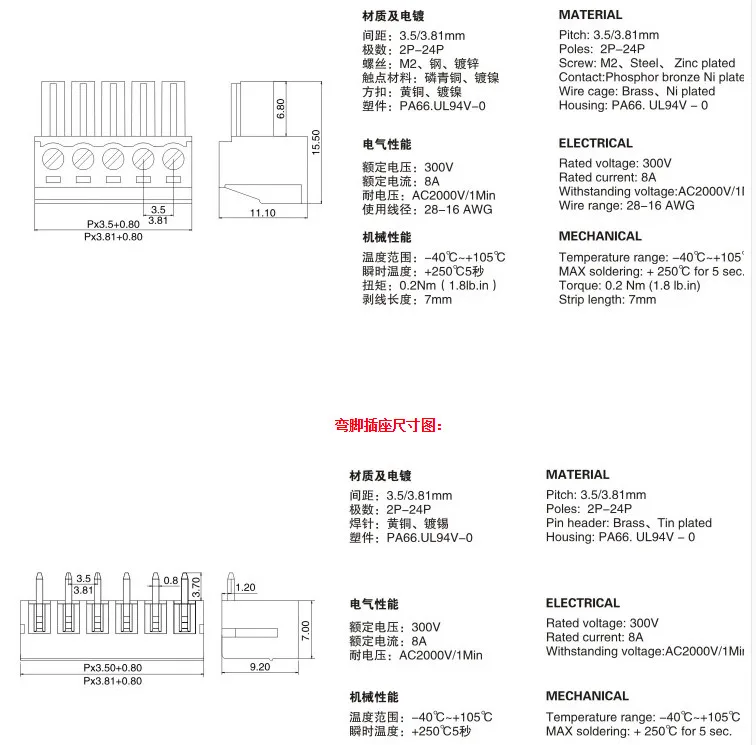 Conjunto de terminales de ángulo recto 3,81 mm - vista lateral