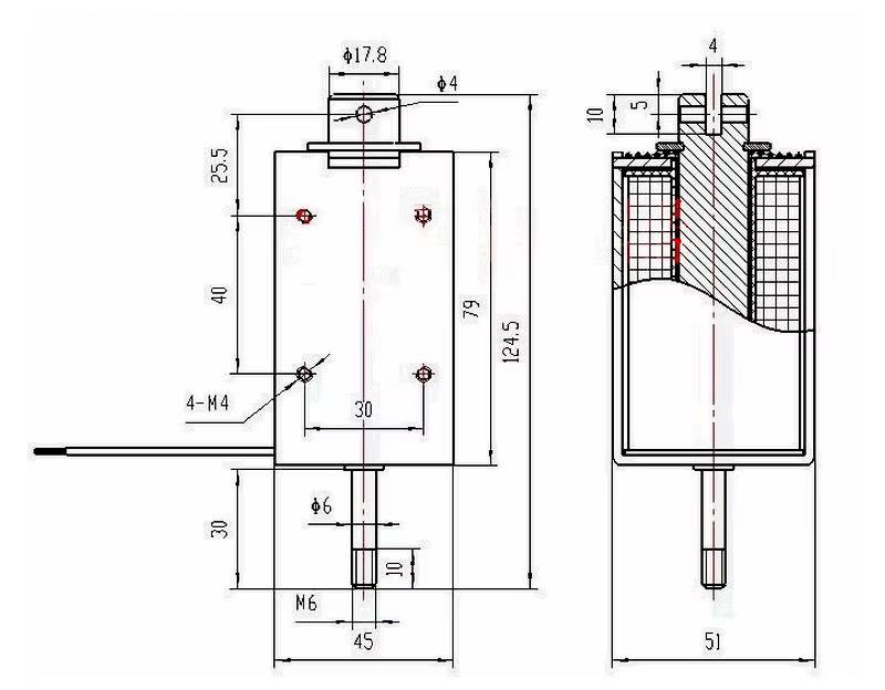 Esquema de dimensiones y fuerzas del solenoide