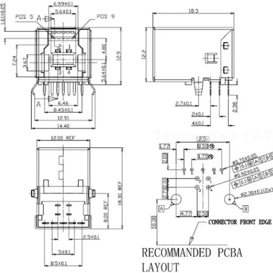 Conector PCB USB 3.0 tipo B hembra en ángulo recto