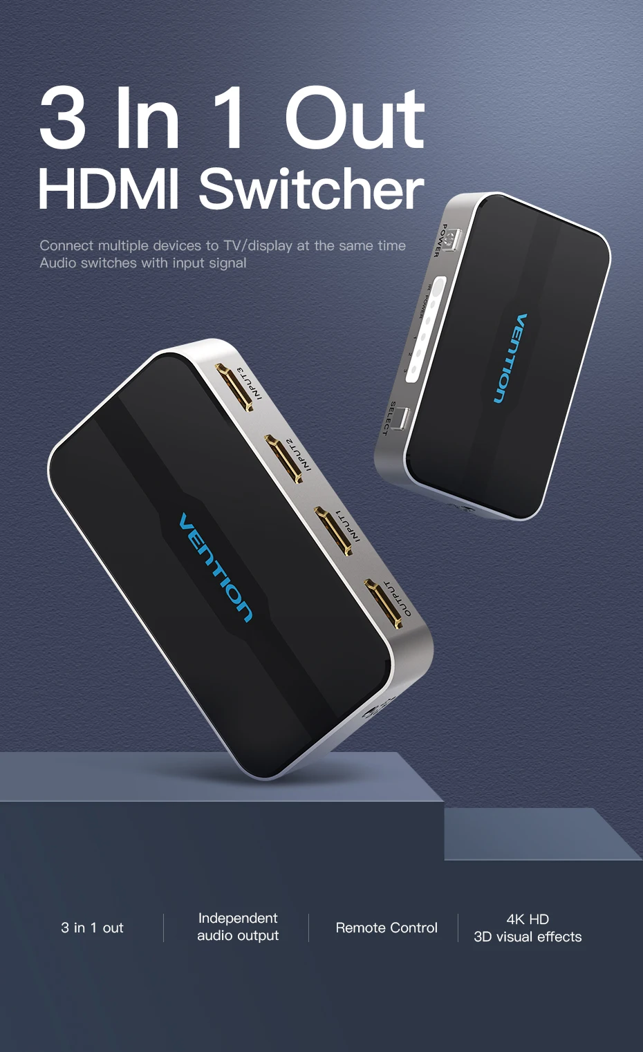 Divisor HDMI Vention mostrando las tres entradas y una salida