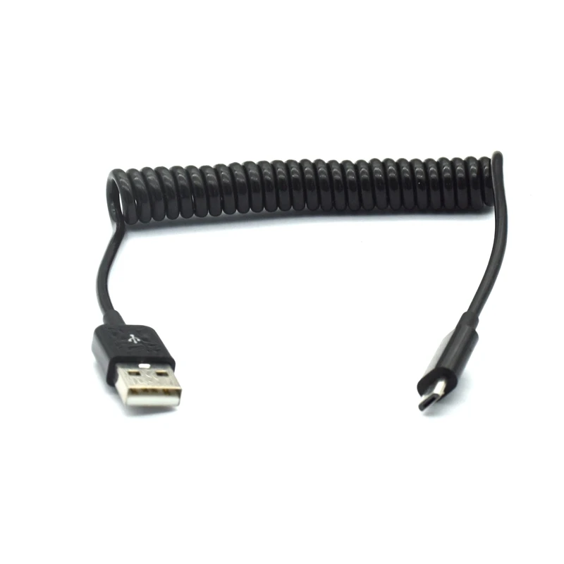 Cable USB Micro USB en espiral visto de cerca