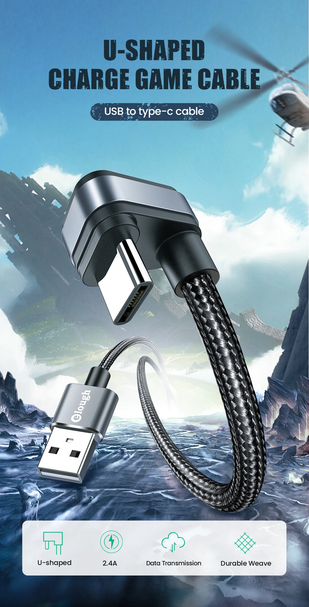Cable USB-C con ángulo de 90 grados conectado a un smartphone