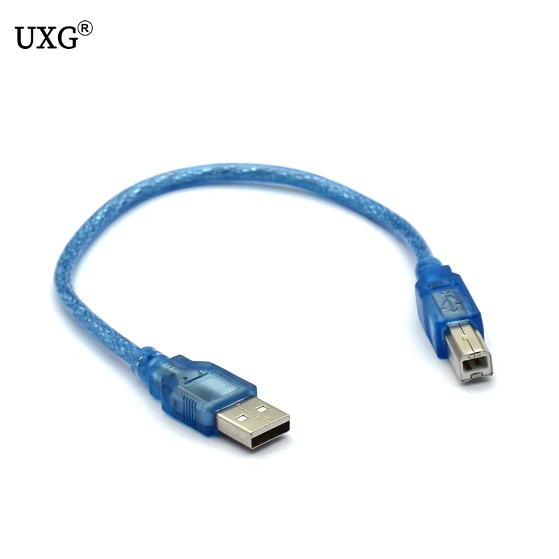 Cable USB 2.0 A macho a B macho azul de 25 cm mostrando los conectores moldeados