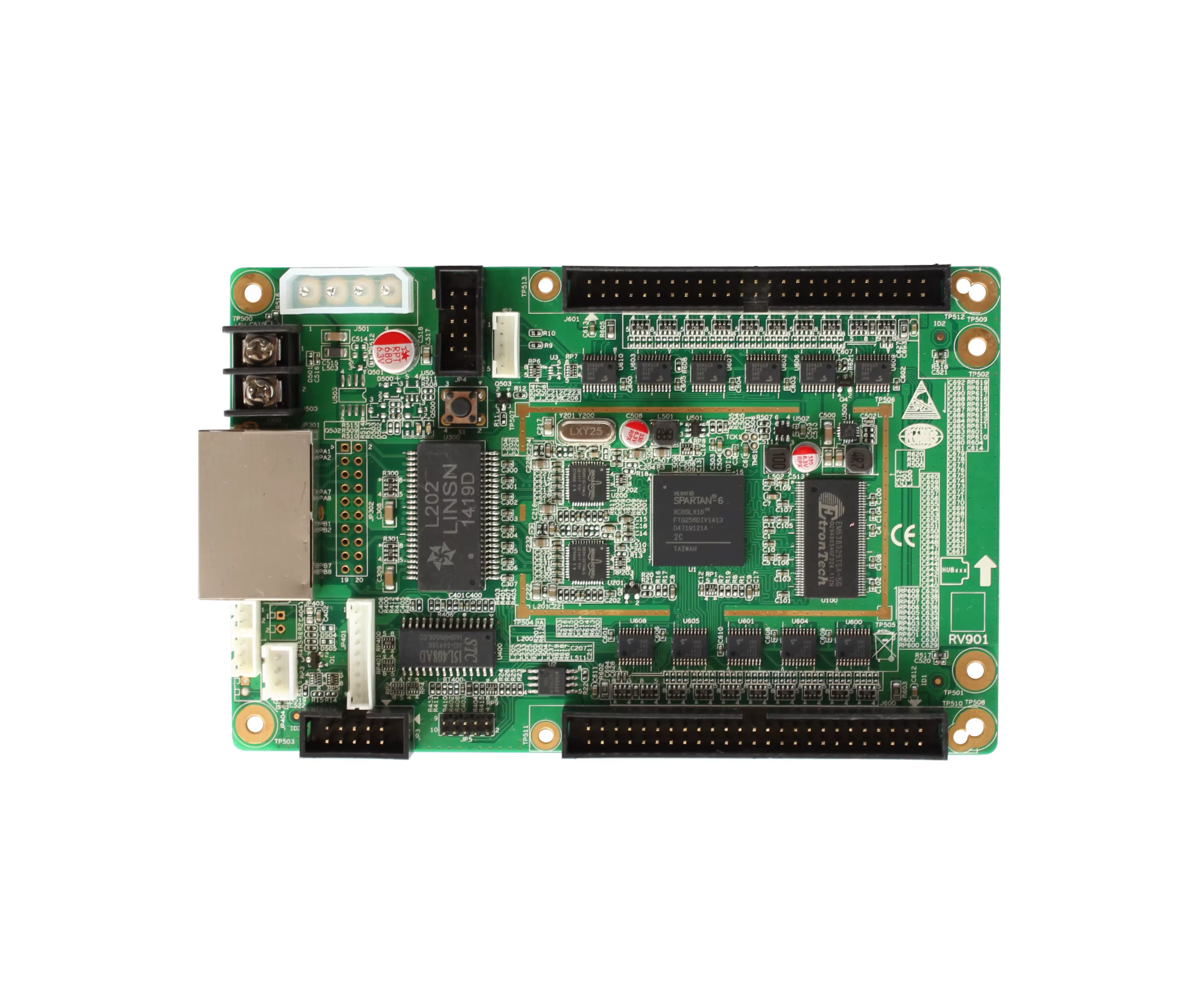 Vista frontal de la tarjeta LINSN RV901 mostrando conectores HDMI y de datos
