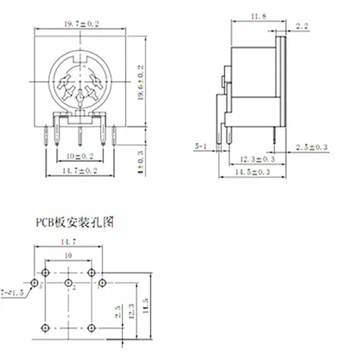 Conector hembra DIN para PCB, vista frontal