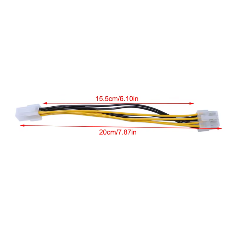 Cable adaptador ATX 4 pines a 8 pines vistas frontal y lateral
