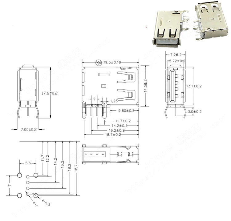 Conectores USB hembra en configuración vertical