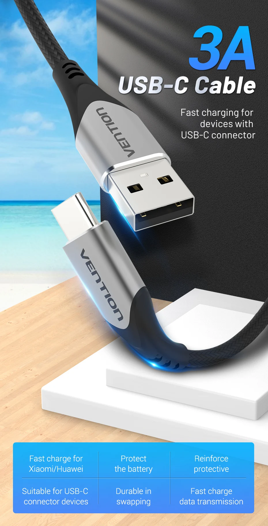 Cable USB-C 3A Vention carga rápida